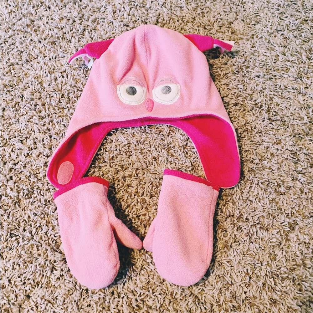 Girls Owl Hat and Mitten Set